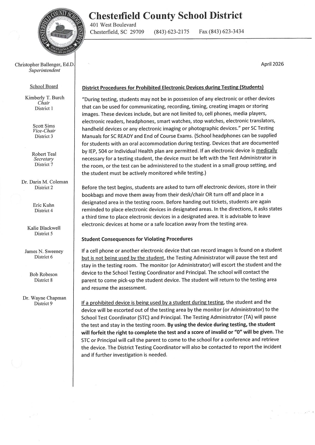 District Electronic Device Policy For SC Ready