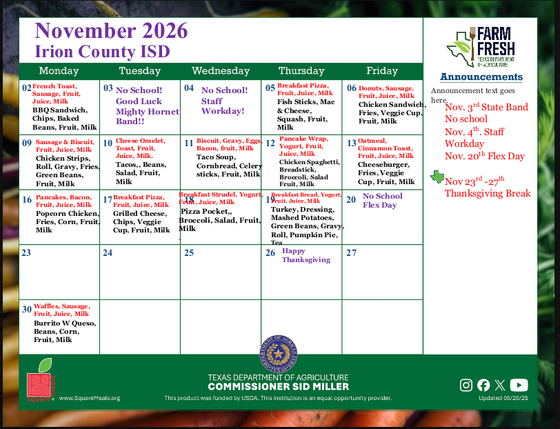 November Breakfast/Lunch Menu