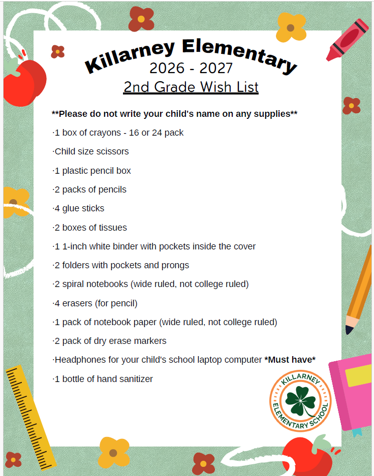 2nd Grade School Supply List 26-27