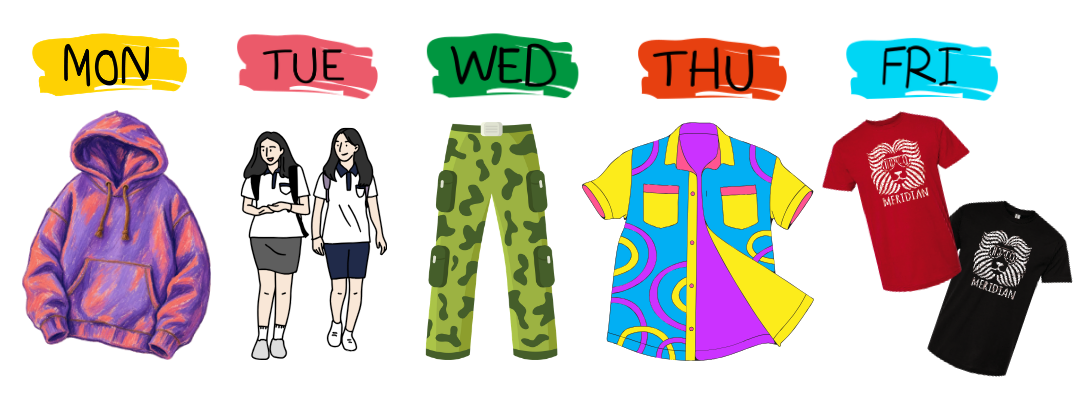 A weekly clothing planner displaying five distinct outfits, each paired with a day of the week from Monday to Friday.
