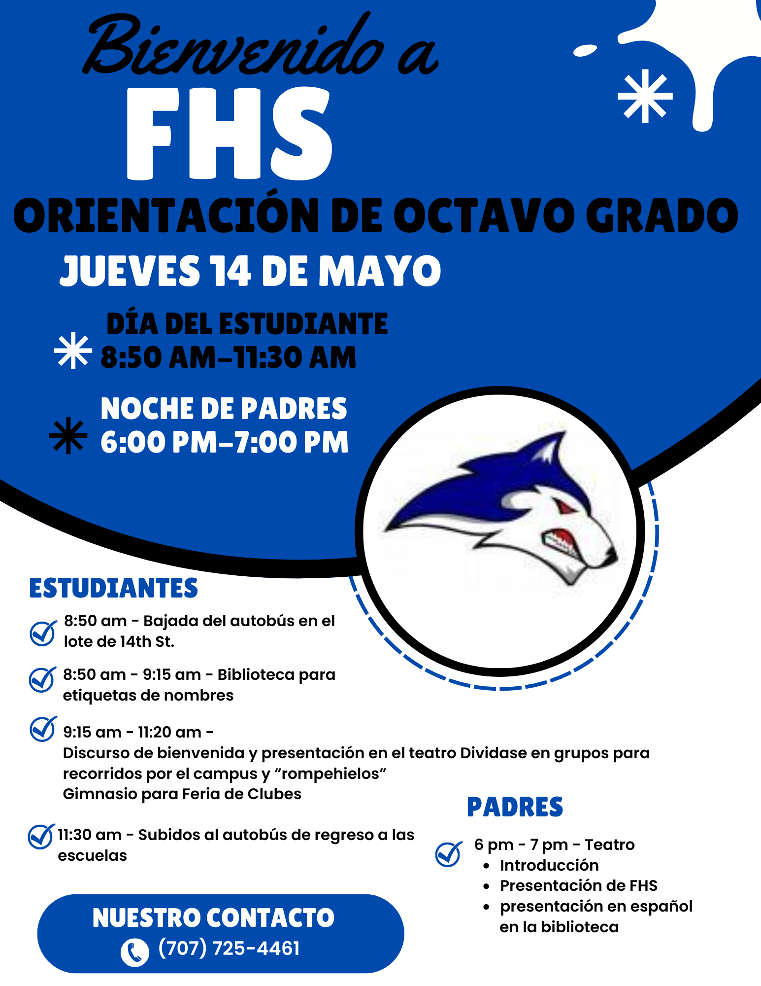 Poster announcing an 8th-grade orientation event at FHS on Thursday, May 14th, with separate schedules for students and parents.