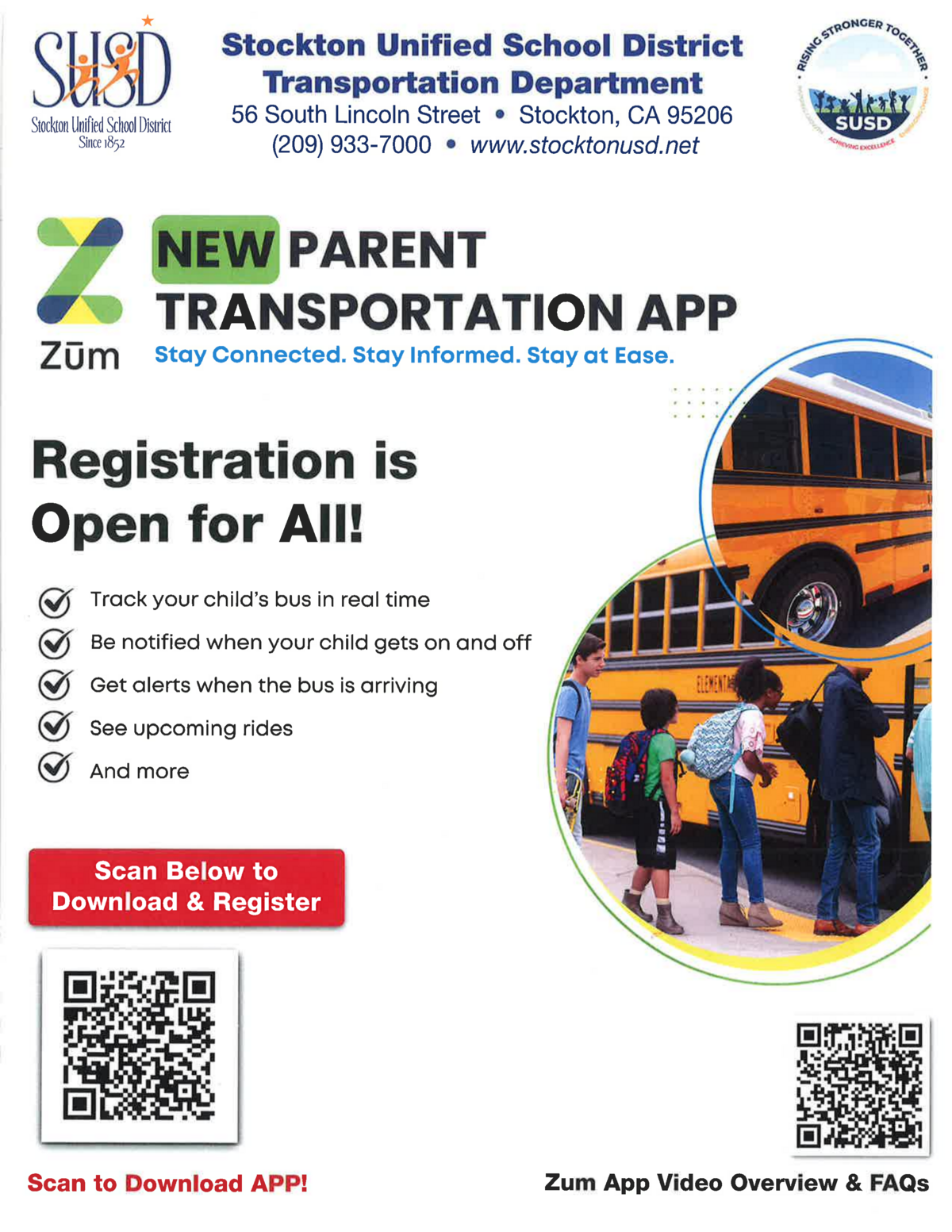 Stockton Unified School District promotes its new parent transportation app, Zum, with a school bus and students in the background.