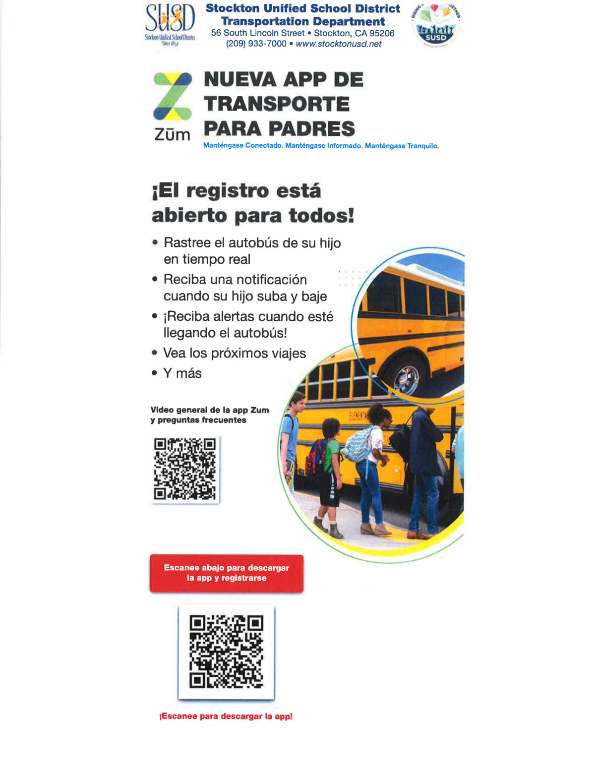 A flyer announces the new Zum app for parents from Stockton Unified School District Transportation Department, featuring children boarding a school bus.