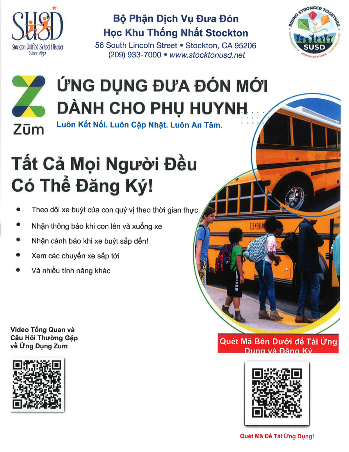 A flyer for the Stockton Unified School District's new bus tracking app, Zum, for parents.