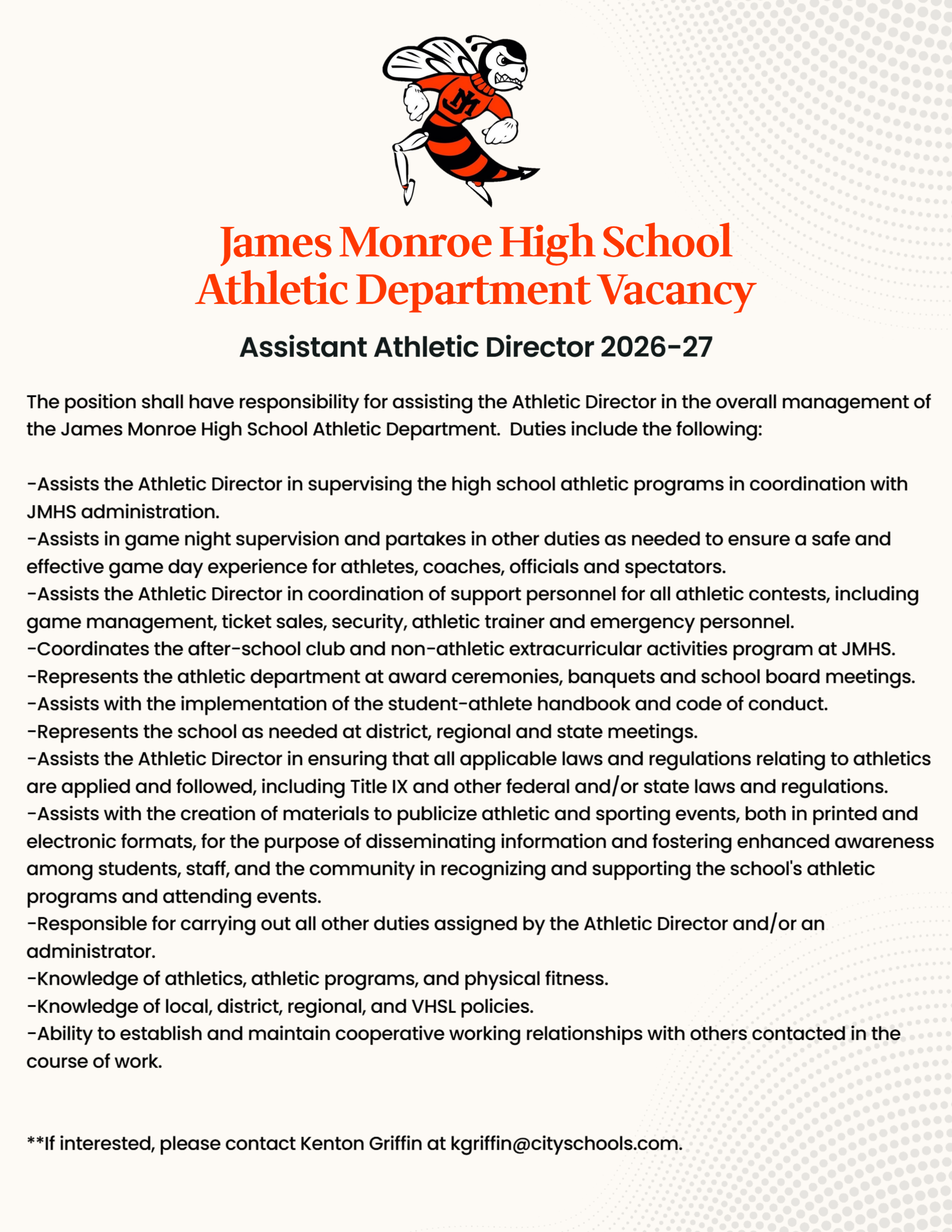 JMHS Athletic Dept. Vacancy - Asst. Athletic Director