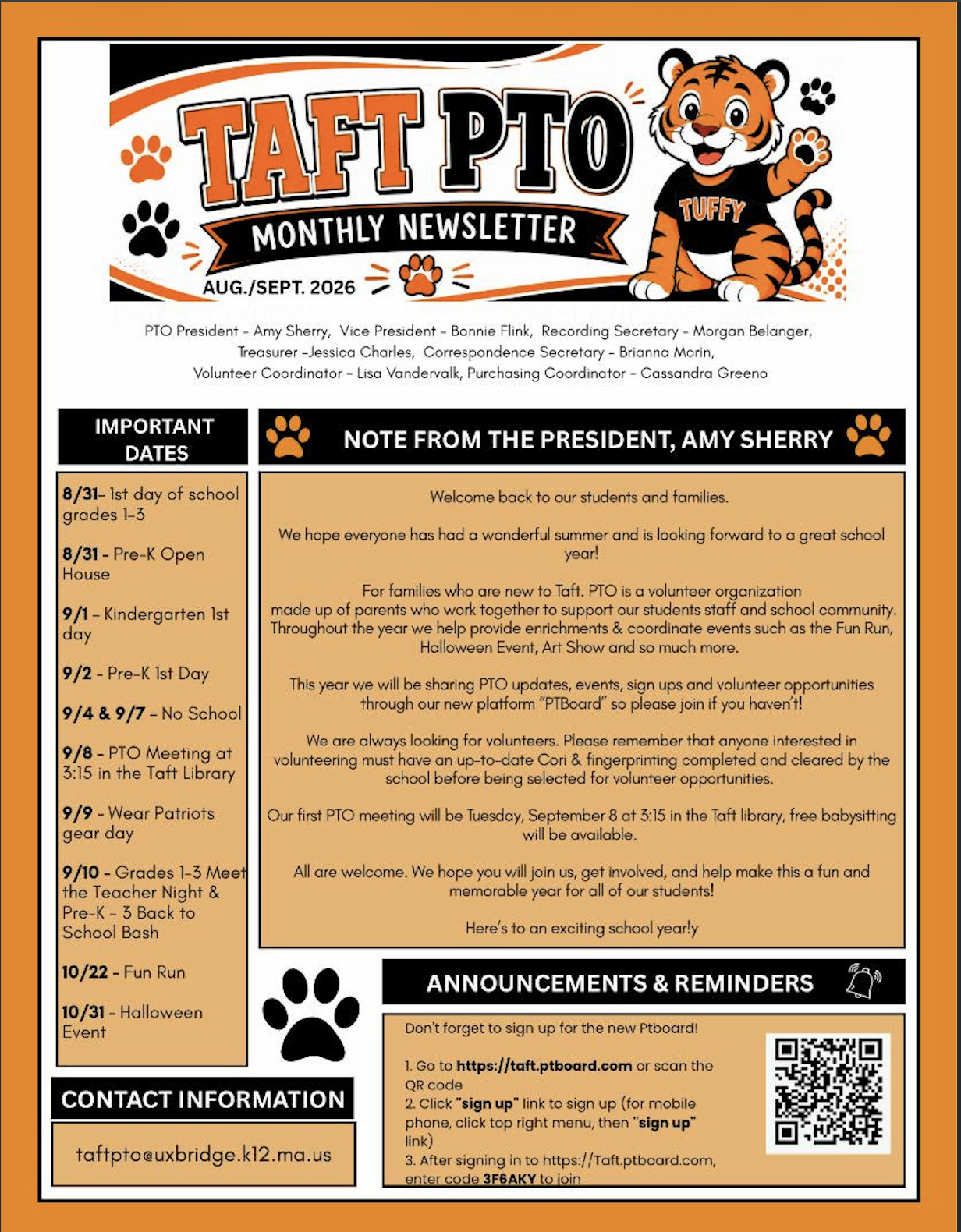 Taft PTO Monthly Newsletter for August/September 2026 featuring a cartoon tiger mascot named Tuffy.