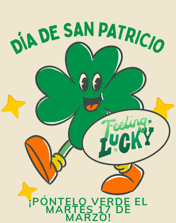 A cartoon shamrock character with a smiling face holds a sign that says 'Feeling LUCKY' for St. Patrick's Day.