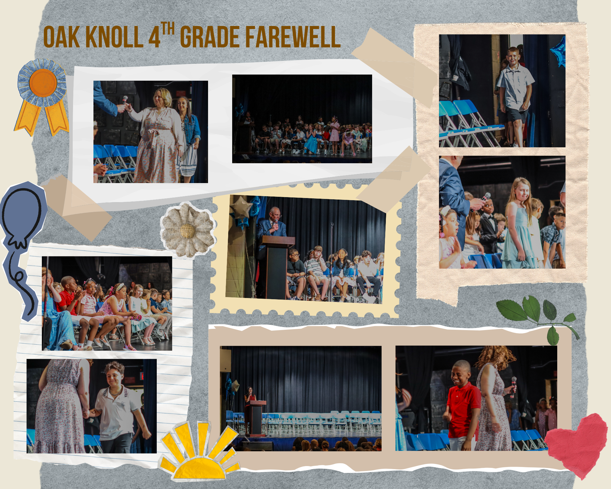 Collage of images from the Oak Knoll 4th Grade Farewell event, featuring students and speakers.