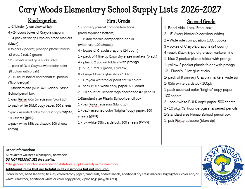 Cary Woods Elementary School Supply Lists for 2026-2027, detailing items for Kindergarten, First Grade, and Second Grade.