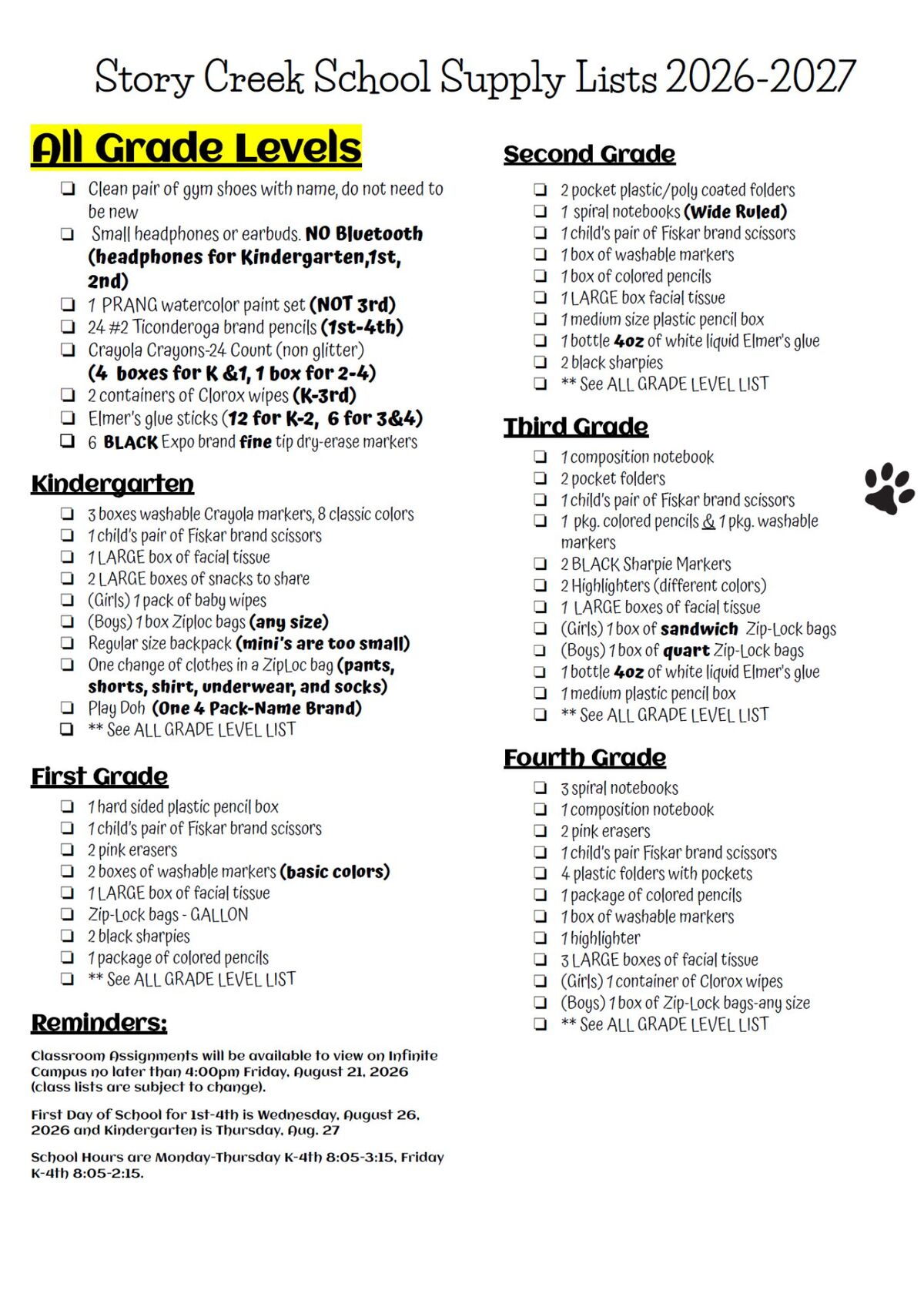 School Supply List