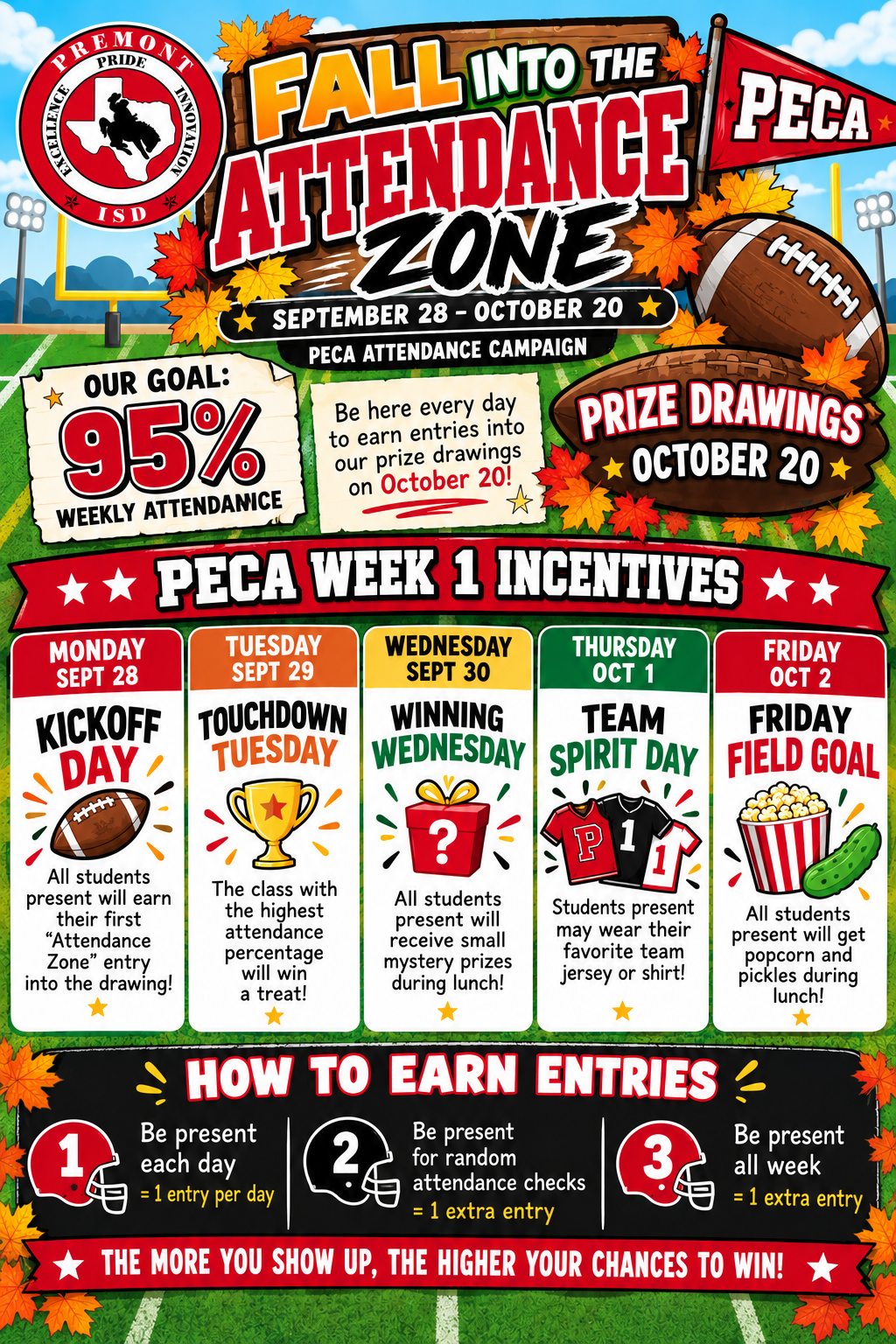 🏈🍂 PECA Families, Let’s FALL INTO THE ATTENDANCE ZONE! 🍂🏈
