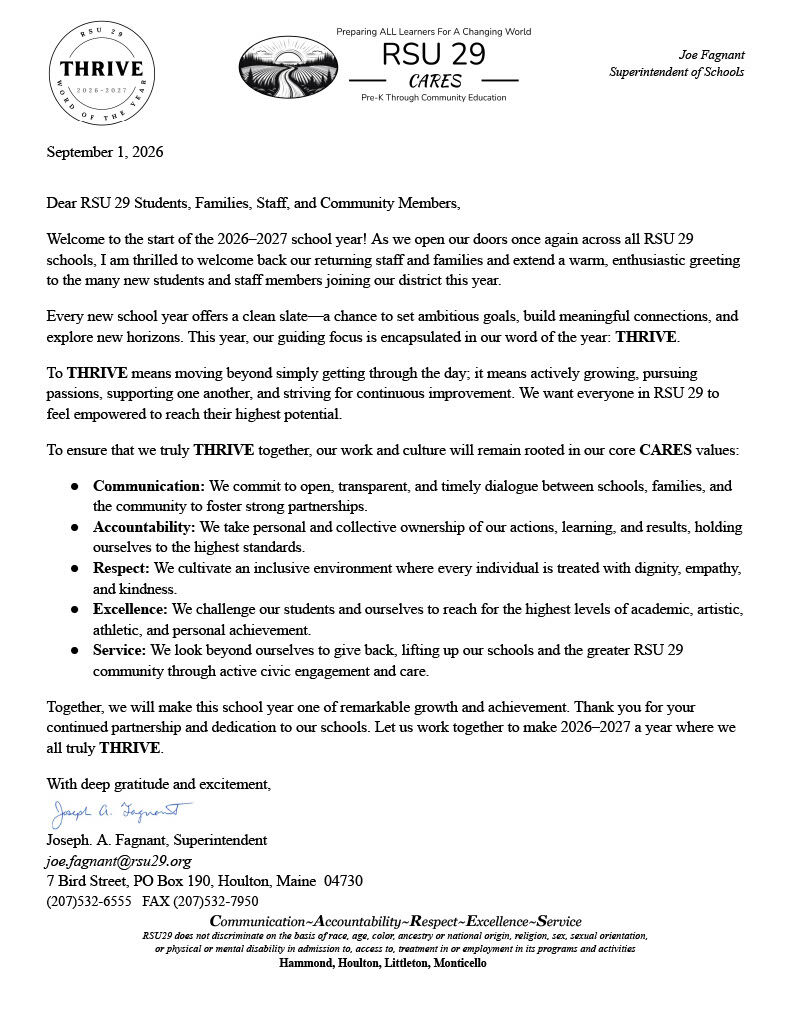 Welcome Letter from Superintendant Fagnant