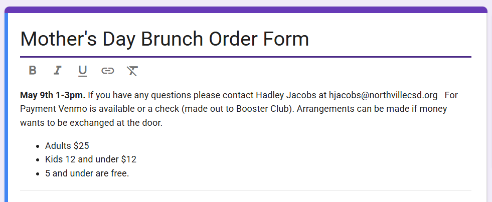 Snippet of the order form for the May 9 Community Leadership Mother's Day Brunch