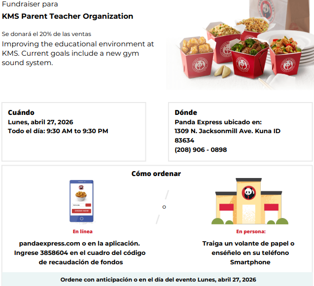 Fundraiser for KMS Parent Teacher Organization at Panda Express on April 27, 2026.