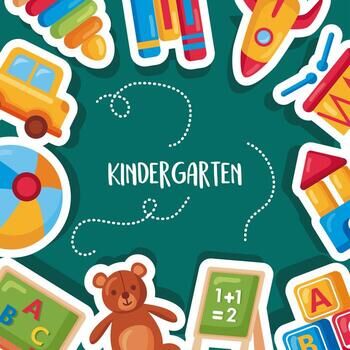 A colorful border of kindergarten toys surrounds the word 'KINDERGARTEN' on a chalkboard background.