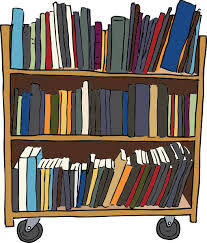 A wooden bookshelf on wheels is filled with a variety of colorful books.