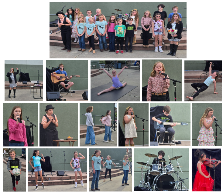 A group of children and adults pose for a photo on a stage, with a drum set visible.