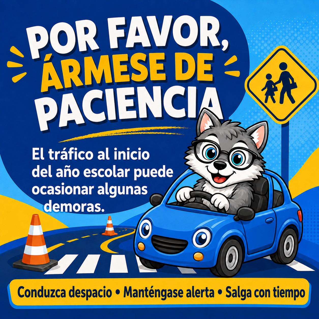 grpahic with wolf pup in a car, school zone sign and cones