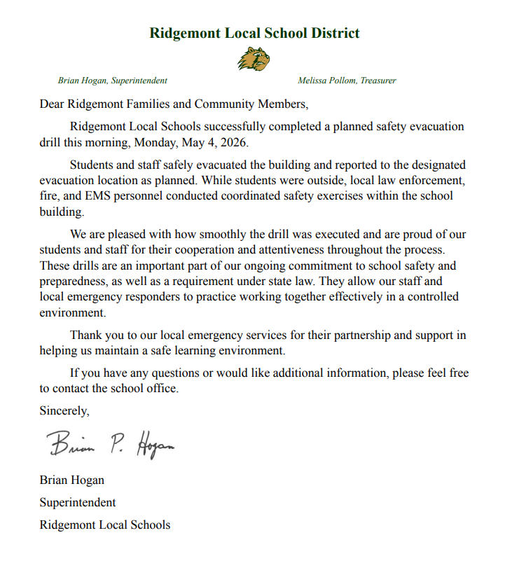 Successful Evacuation Drill 5-4-26 