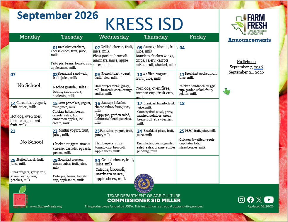 September 2026 Lunch Menu