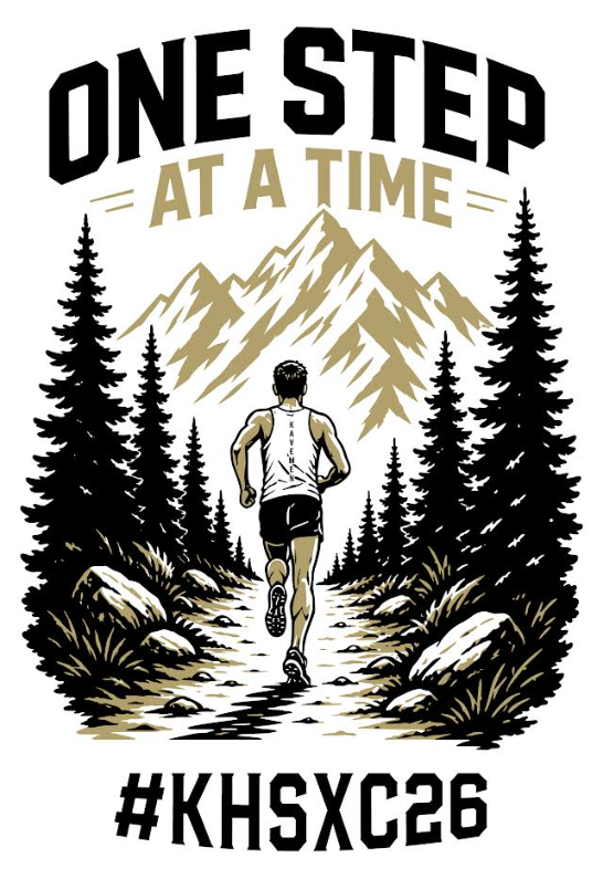 A runner on a mountain trail with pine trees and text "ONE STEP AT A TIME".
