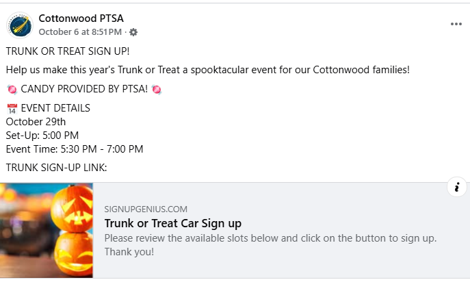PTSA Trunk or Treat Oct 29th