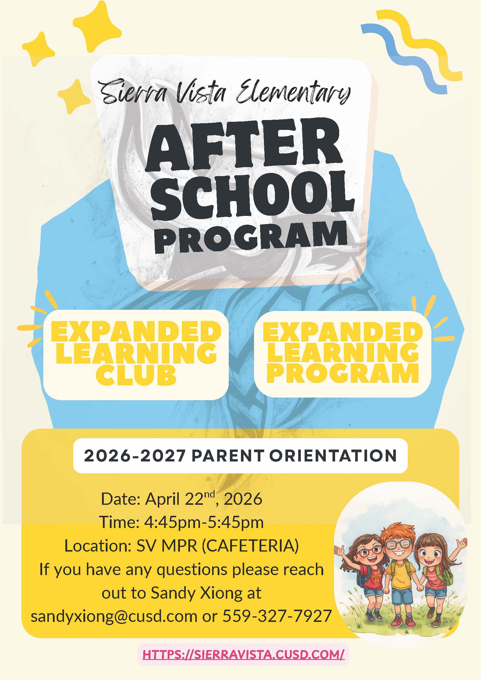 Poster for Sierra Vista Elementary's After School Program and 2026-2027 Parent Orientation.