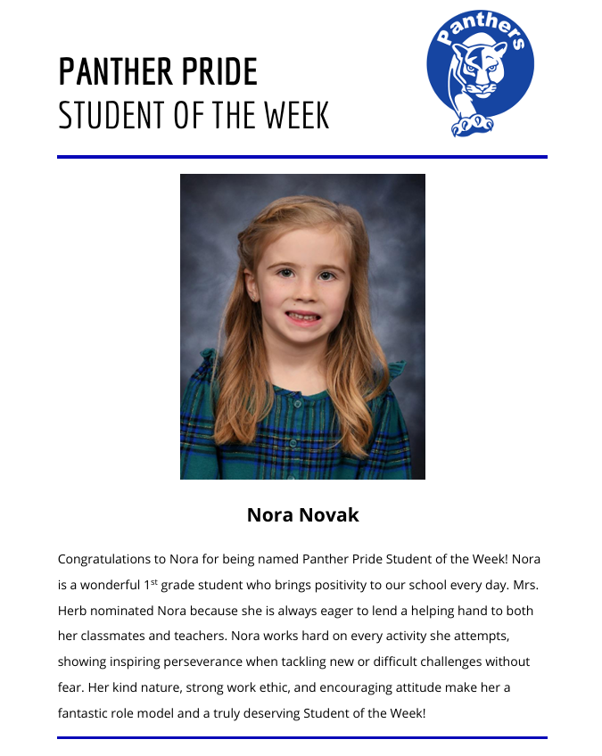 Panther Pride Elementary Student of the Week 9/28/2026 - 10/2/2026