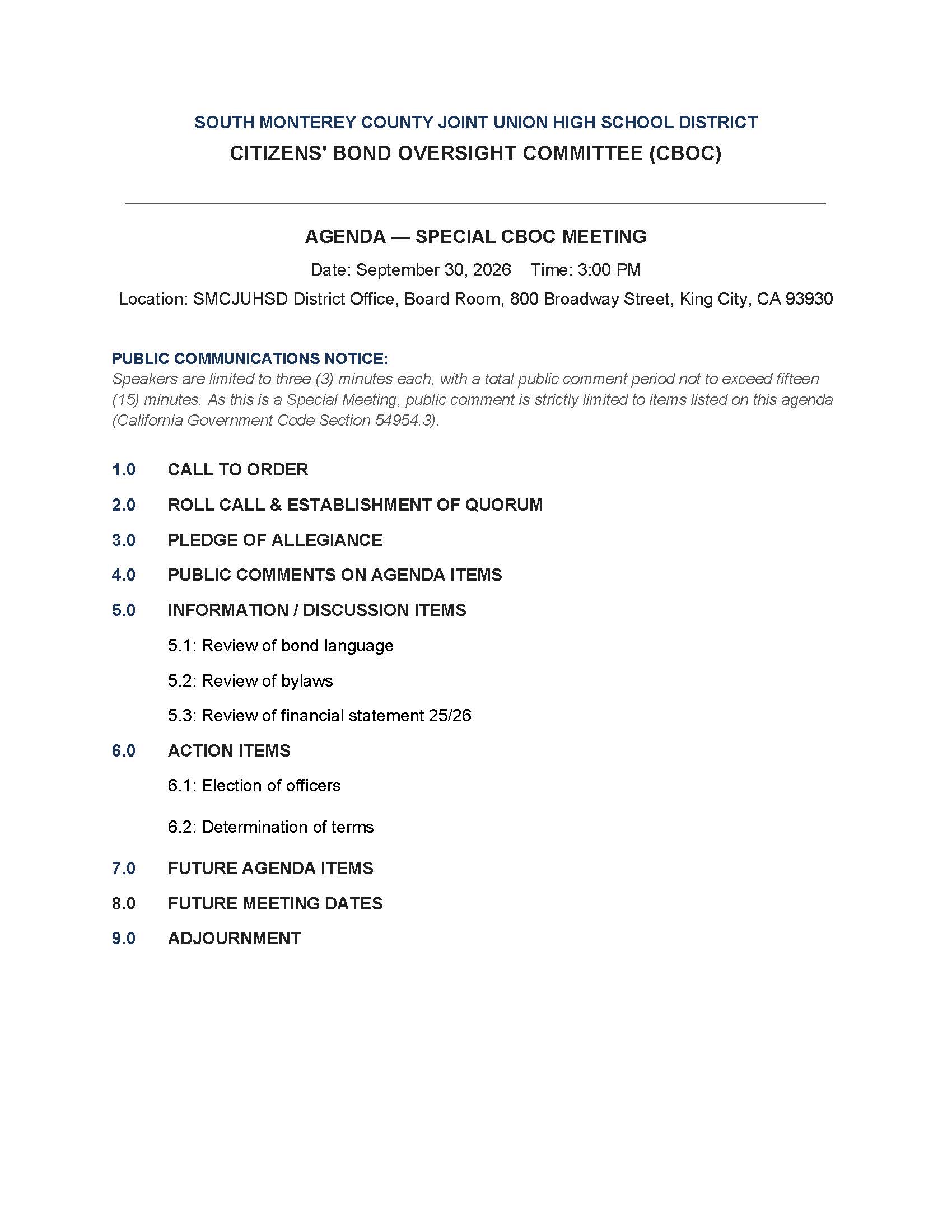 CITIZENS' BOND OVERSIGHT COMMITTEE (CBOC) AGENDA