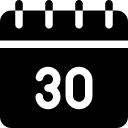 A black and white icon of a calendar showing the number 30.