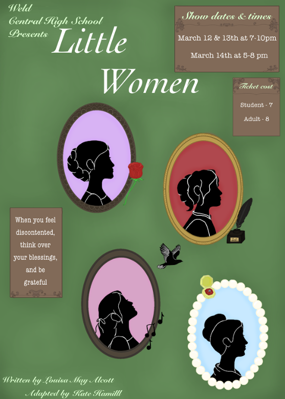 Poster for Weld Central High School's production of 'Little Women', featuring silhouettes of women and show details.