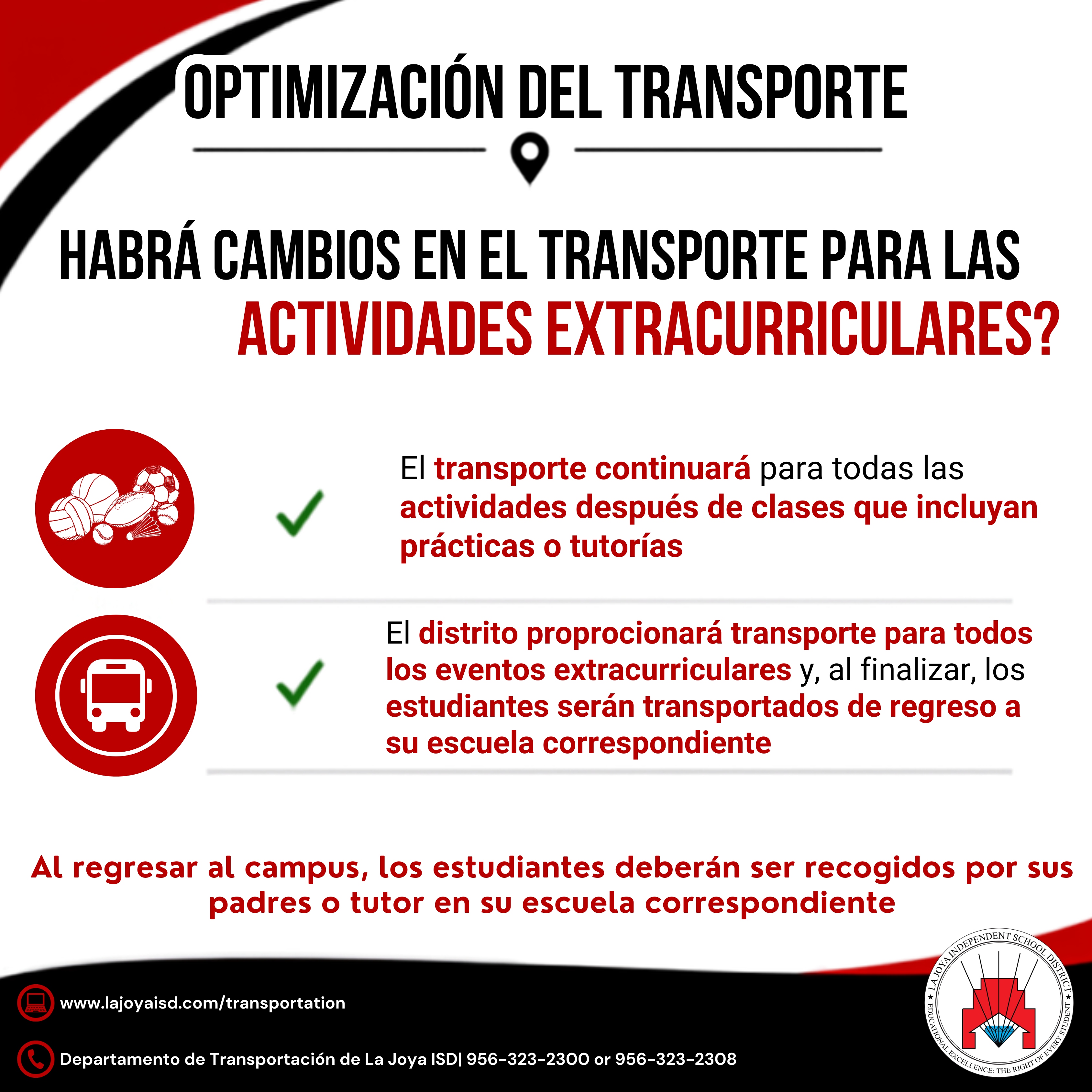 Information about transportation changes for extracurricular activities in Spanish, with icons for sports and a bus.