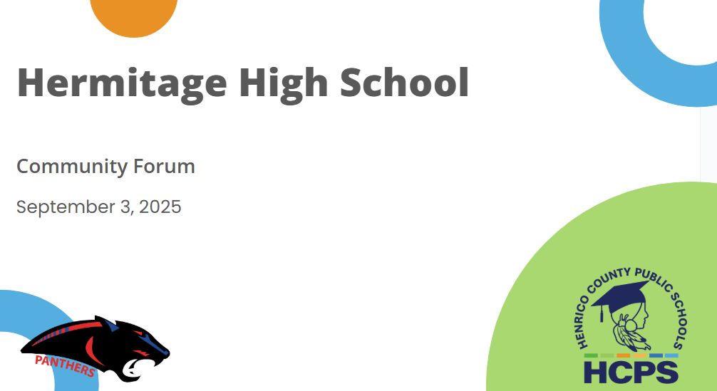 A graphic announcement for the Hermitage High School Community Forum on September 3, 2025, featuring school branding.
