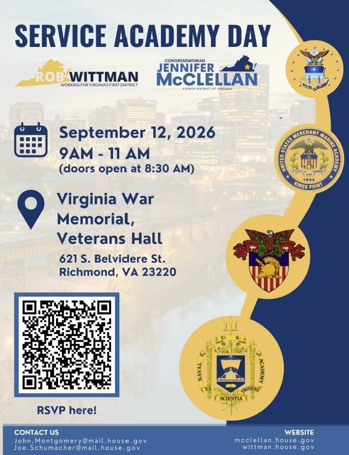 A flyer for a Service Academy Day on September 12, 2026, at the Virginia War Memorial in Richmond, VA.