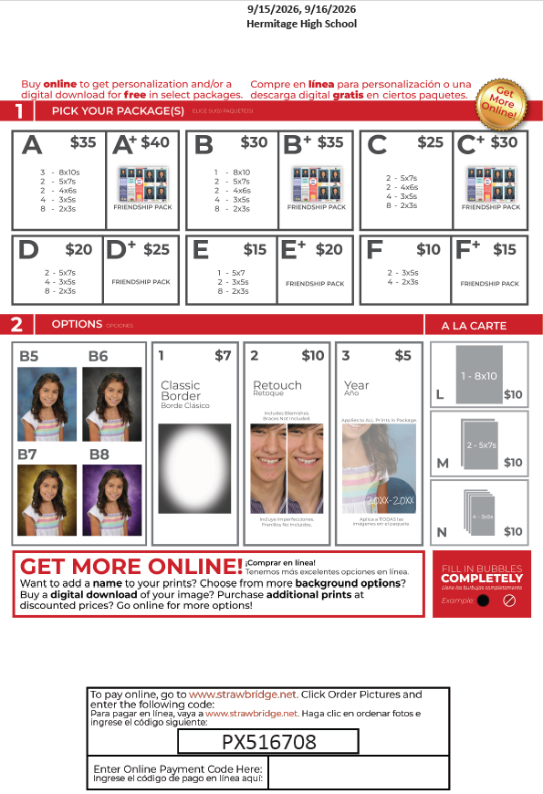 A school picture order form from Hermitage High School for 9/15/2026 and 9/16/2026, detailing various photo packages labeled A through F.