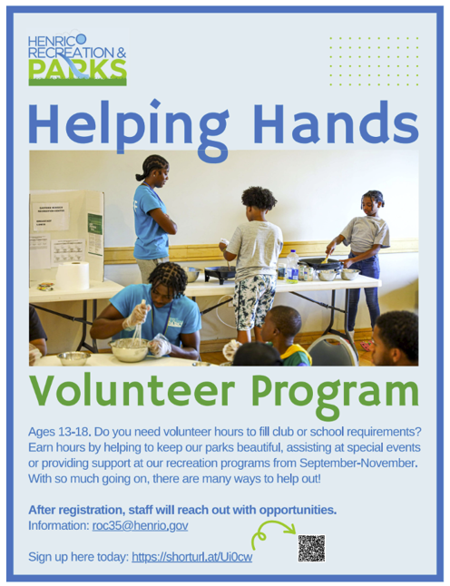 A poster for the Henrico Recreation & Parks Helping Hands Volunteer Program, featuring a photo of young people cooking and preparing food together indoors.