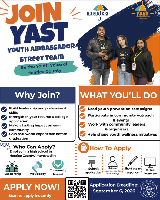A recruitment flyer for the Henrico Youth Ambassador Street Team, featuring three smiling young people and detailed instructions on how to join.