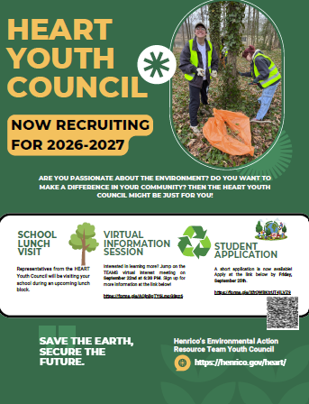 A recruitment flyer for the HEART Youth Council for 2026-2027, featuring volunteers clearing vines from a tree.