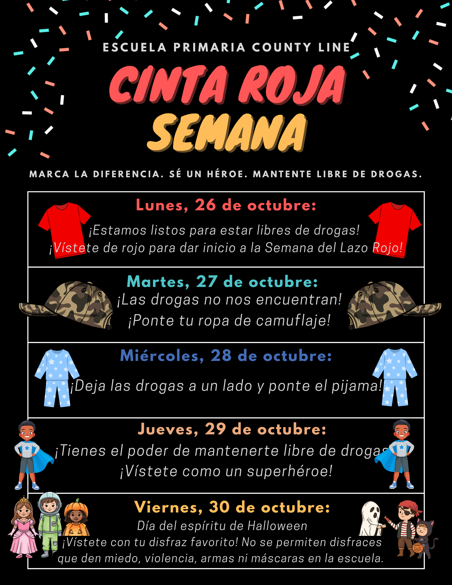 A colorful Spanish flyer for Red Ribbon Week at County Line Elementary School, detailing daily dress-up themes from Monday to Friday.