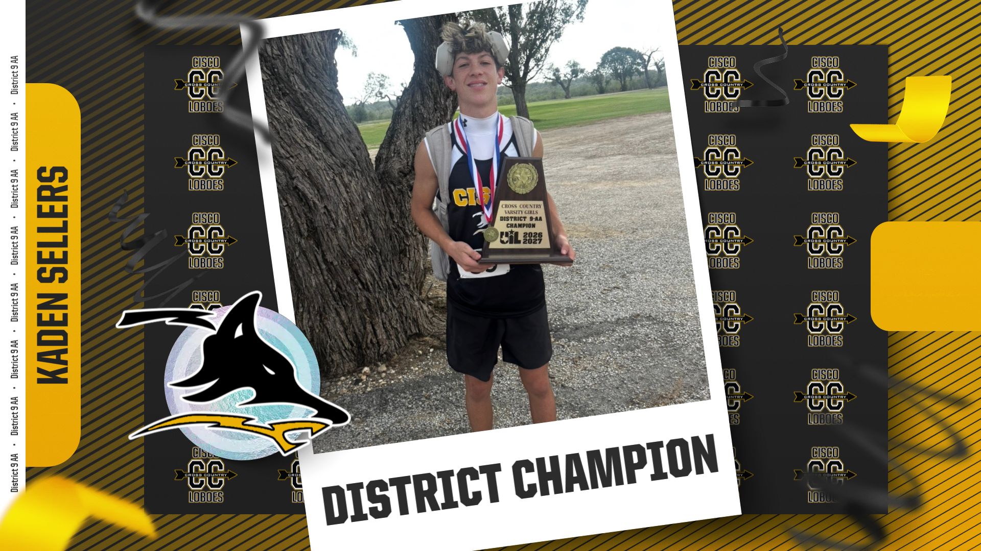 A smiling cross country runner holding a district champion trophy outdoors.