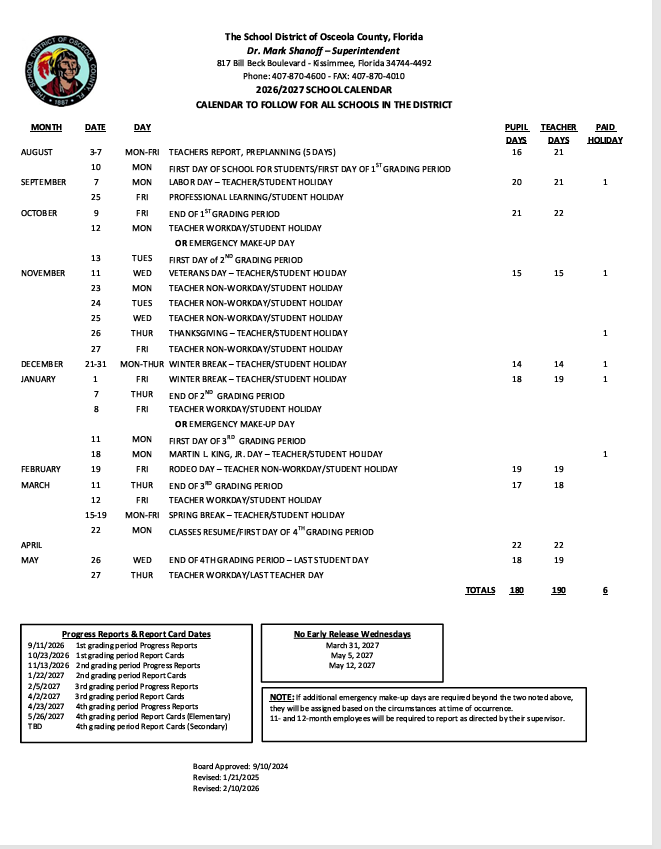  BCES 2026–2027 School Year Calendar Information