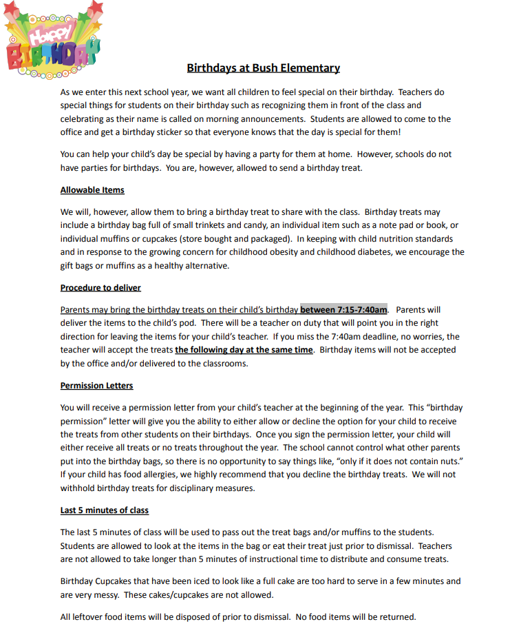 Document outlining birthday policies at Bush Elementary, including allowable treats and delivery procedures.