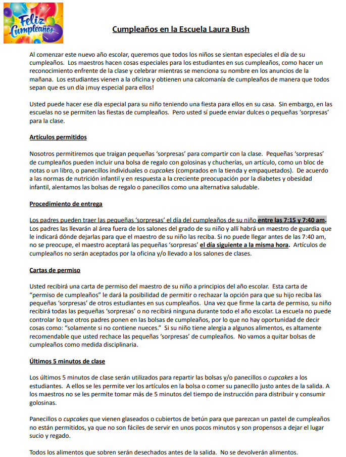 A document titled 'Cumpleaños en la Escuela Laura Bush' provides guidelines for birthday celebrations.