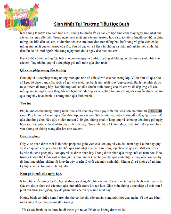 A document from Bush Elementary School outlines birthday celebration policies, including gift-giving and procedures.