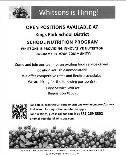 Whitsons is HIRING Food Service workers in Kings Park!