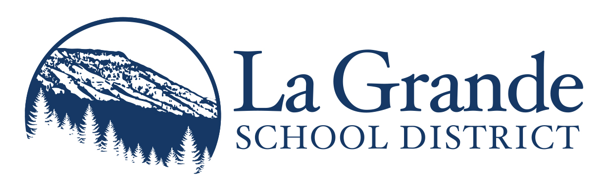 text of La Grande school district with image of mount Emily and pine trees