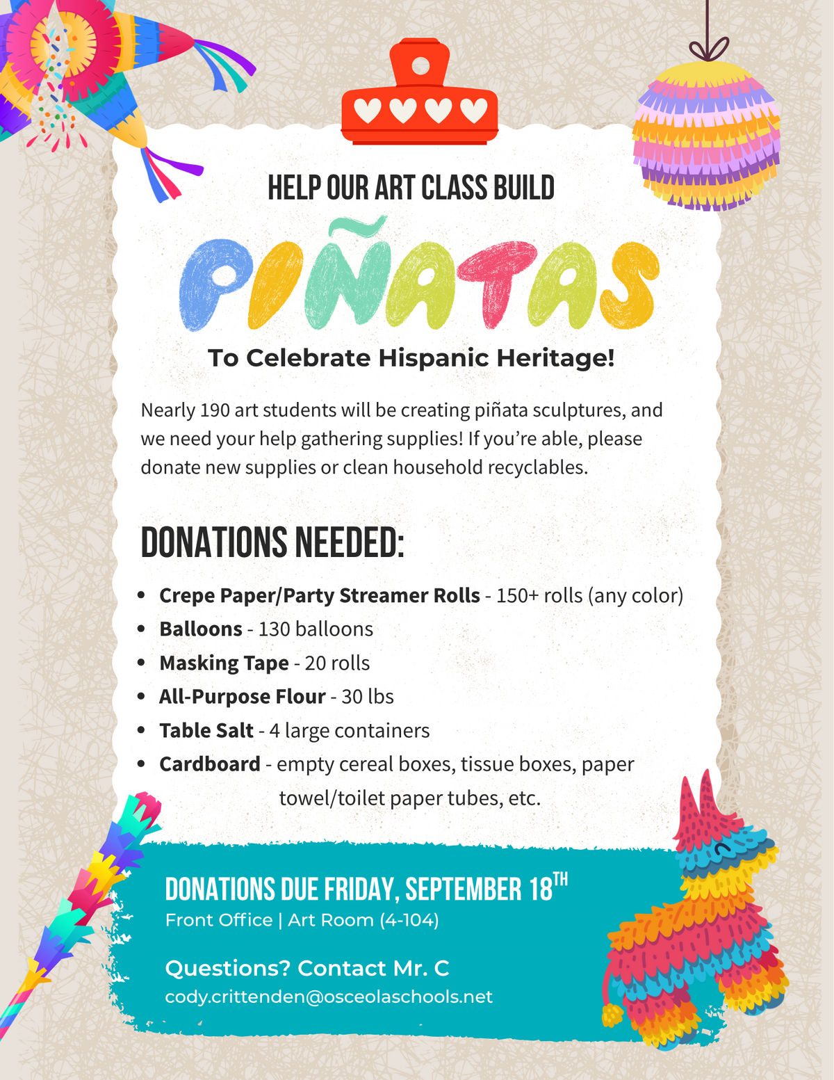 Donations Needed for Art Classes/ Hispanic Heritage Celebration