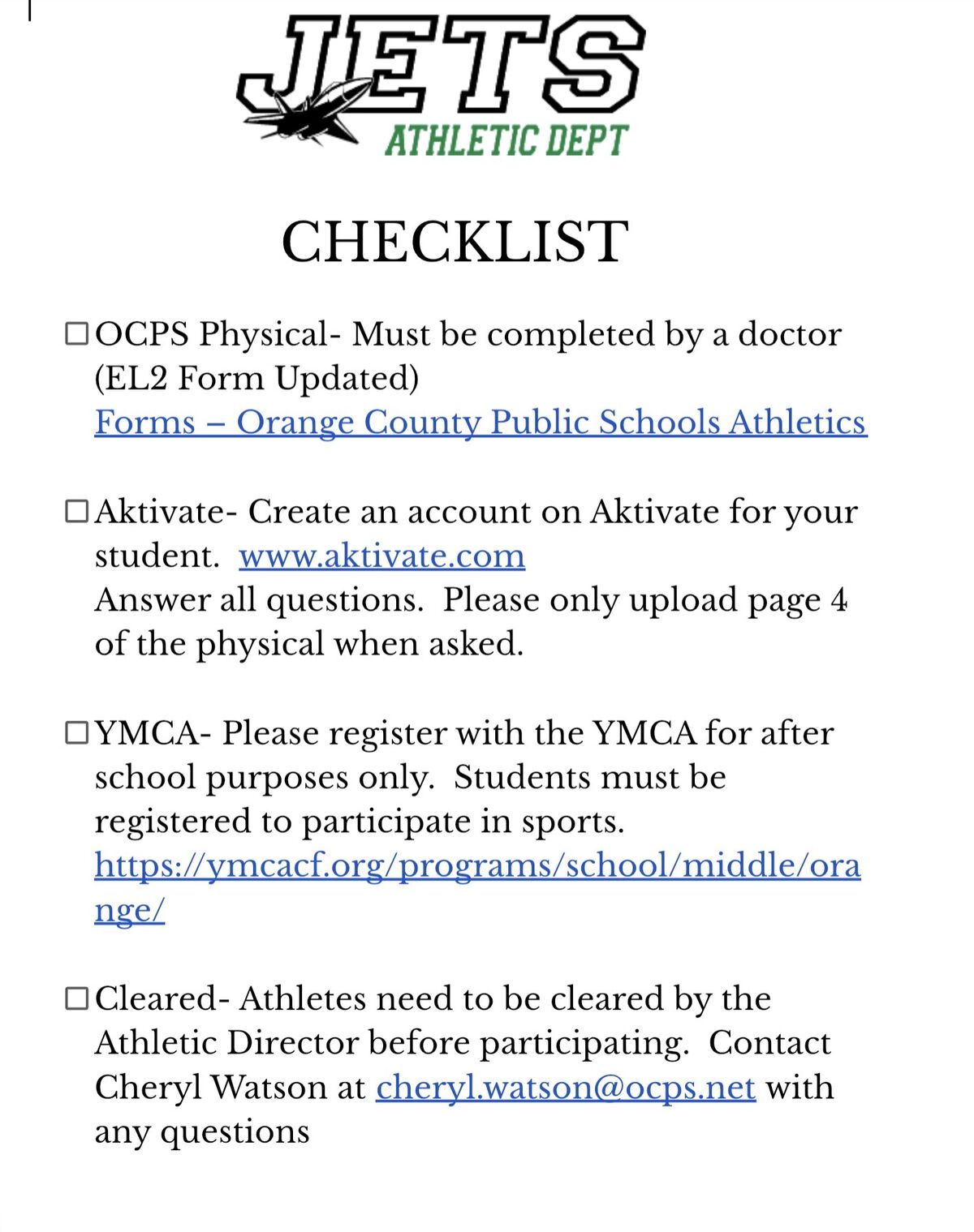 A checklist for athletic department requirements, including OCPS Physical, Aktivate, and YMCA registration.