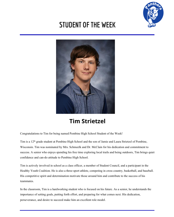 Student of the Week Grades: 6-12 10/26/26-10/30/26 Tim Strietzel 