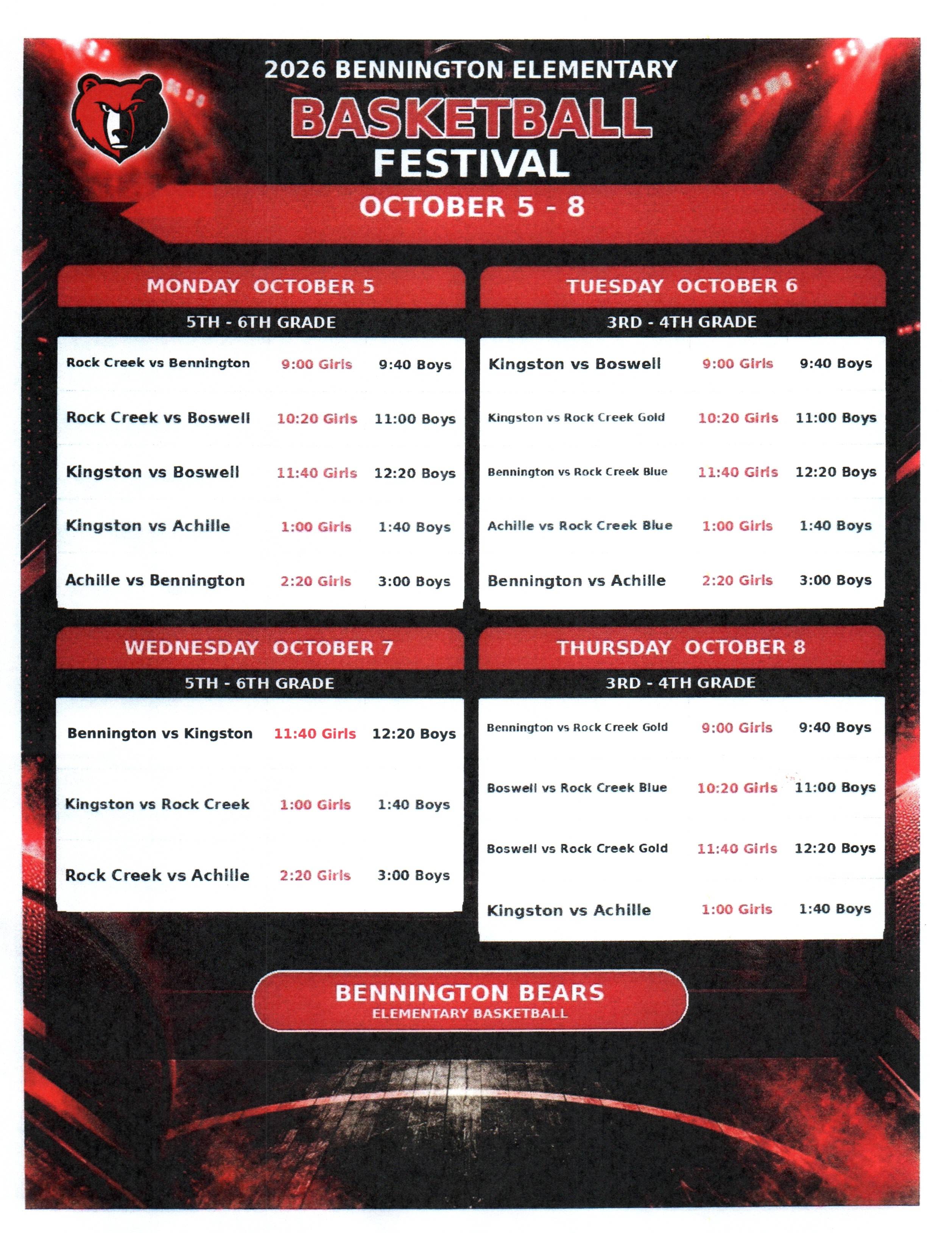 UPDATED Elementary Basketball Festival Schedule